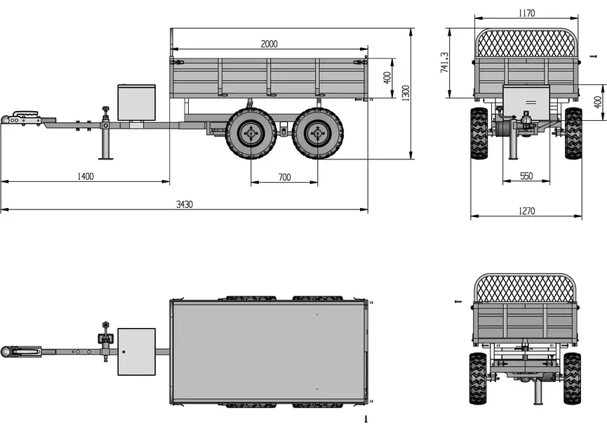 Remorque double essieux 4 roues 1400kg benne galvanisée basculante hydraulique 2000x1170x400mm Torros – Image 4