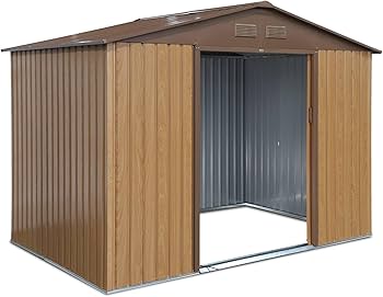 Abri de jardin en métal - FERRAIN 5.29m² couleur chêne - Cabane à outils avec deux grandes portes coulissantes. kit de fixation