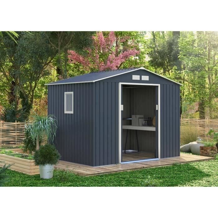 Abri de jardin en métal 5,29 m² - 277 x 191 x 202 cm - VENUS Kit d'ancrage inclus, 2 portes coulissantes, 1 fenêtre latérale Gris – Image 2