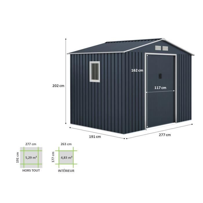 Abri de jardin en métal 5,29 m² - 277 x 191 x 202 cm - VENUS Kit d'ancrage inclus, 2 portes coulissantes, 1 fenêtre latérale Gris – Image 3